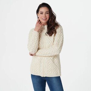 NEW Aran Crafts Merino Wool Zip-Front Cardigan in Natural, sz XL